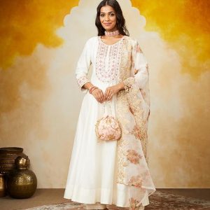 Myx Women's Embroidered Anarkali Kurta Pant Set with Organza Dupatta | Viscose,Rayon | A-line fit (Available in Plus Sizes)
